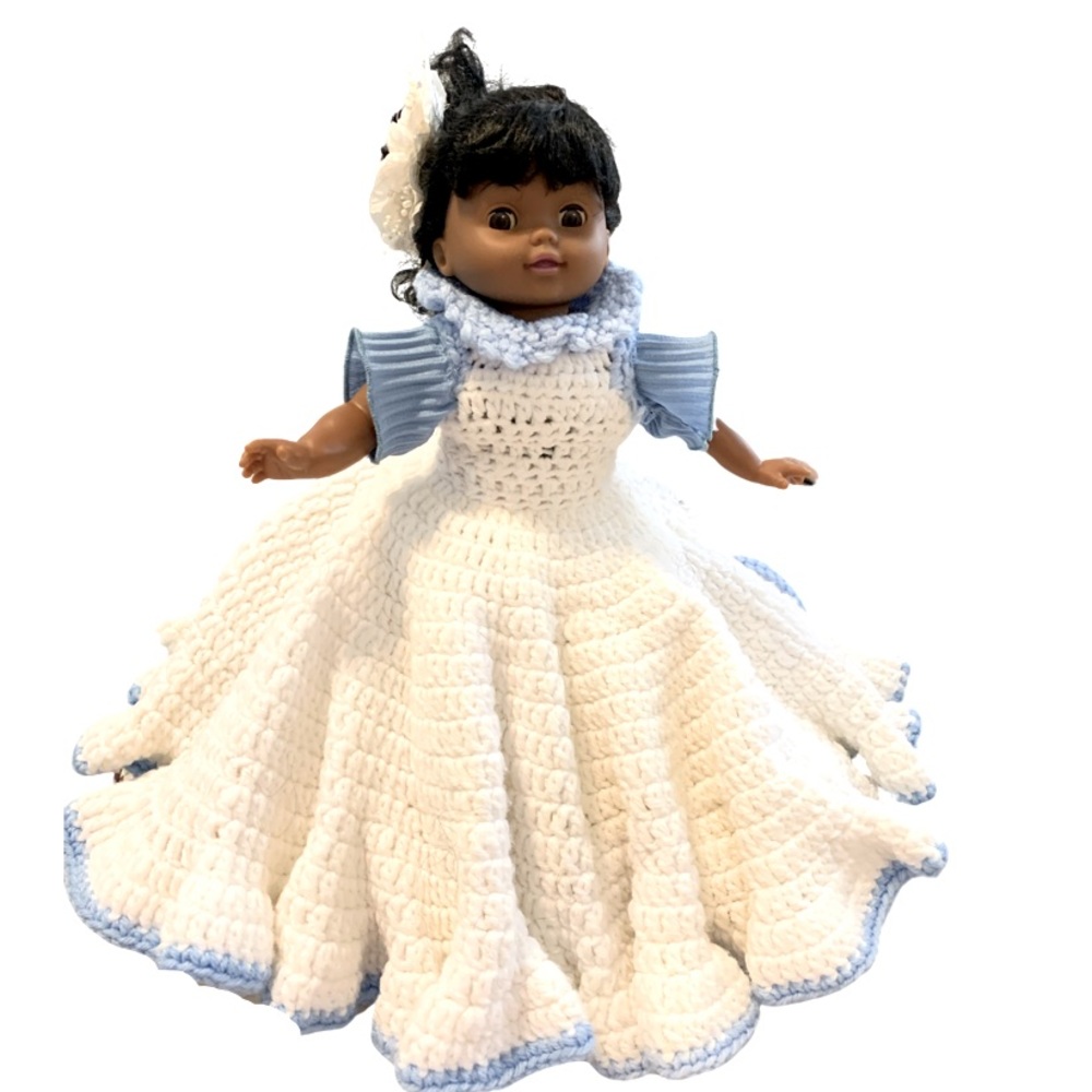 Mocha with Black Hair Fashion Doll Hand Knit White Gown Blue Trim.